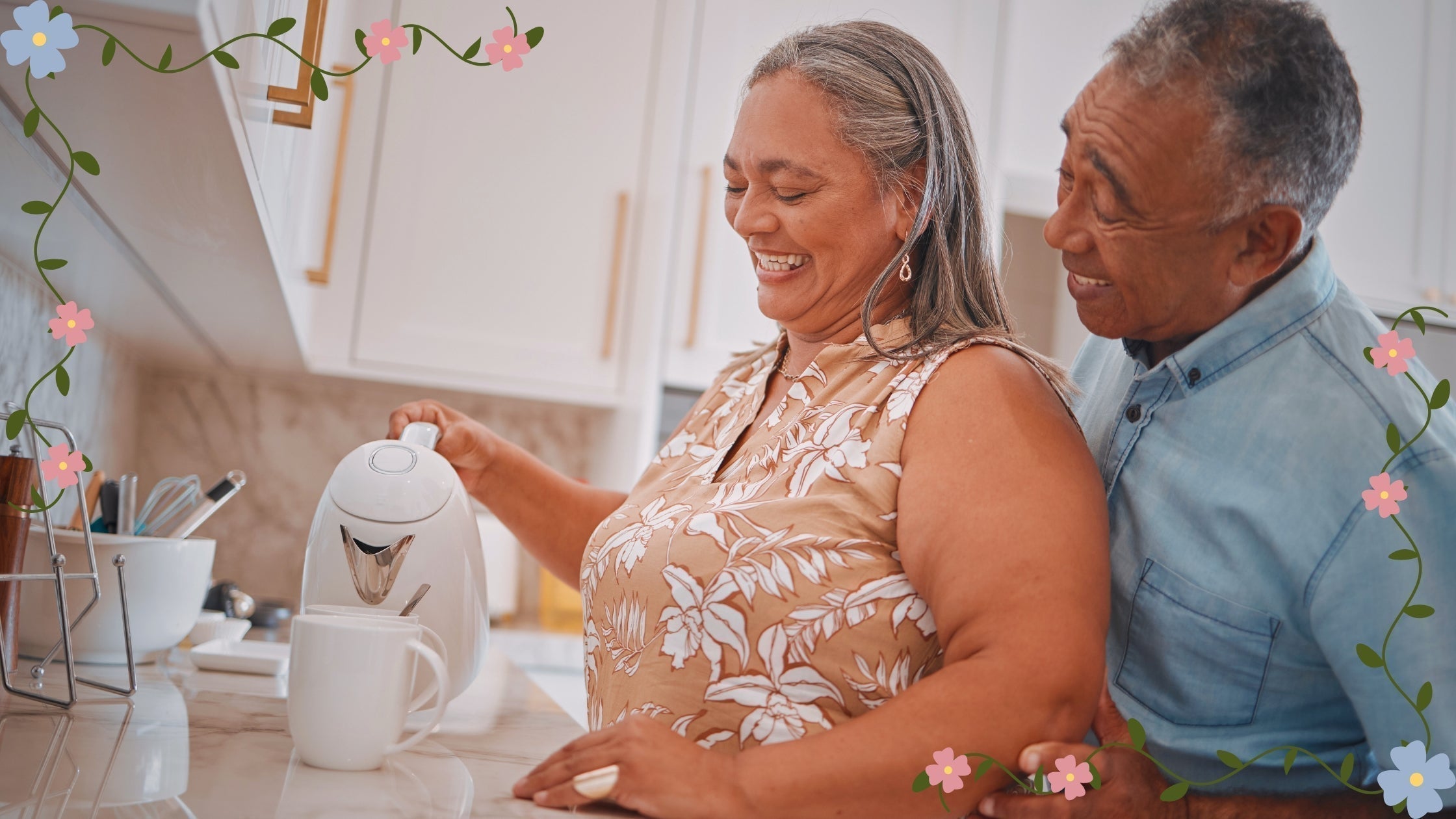 Blog header - man holds wife from behind at counter while she pours hot water