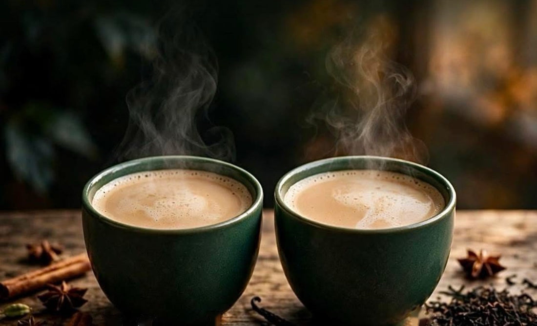 Two green cups of Madagascar Vanilla Chai latte steaming on a rustic wooden table with cinnamon and star anise
